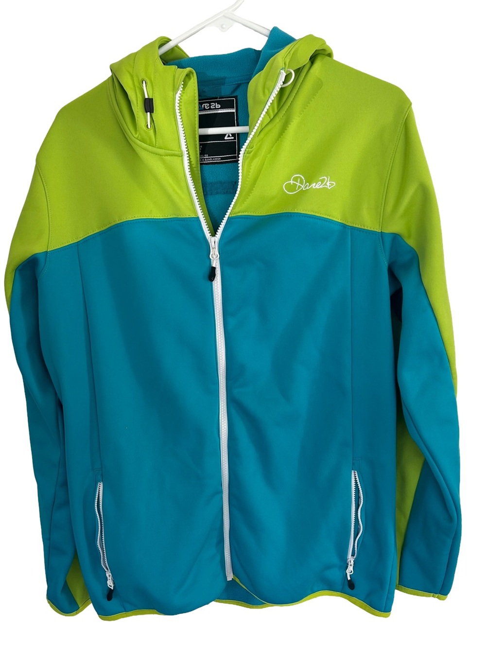Dare 2b Women’s Teal & Neon Green Colorblock Hooded Softshell Jacket Size 14